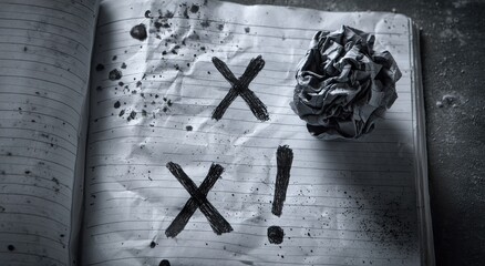 A grayscale notebook with scribbled marks and crumpled paper, conveying a sense of frustration