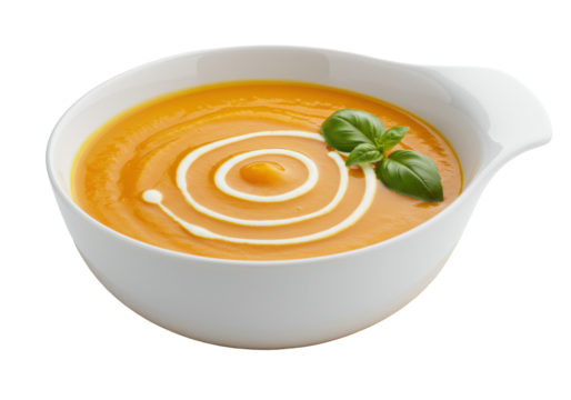 Vibrant orange creamy pumpkin soup with cream swirl and green basil in a sleek white ceramic bowl on a wooden base, isolated on a white background with copy space, concept of gourmet healthy food