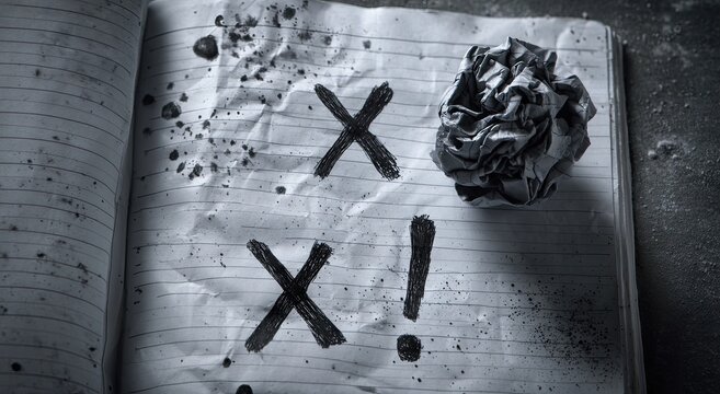 A grayscale notebook with scribbled marks and crumpled paper, conveying a sense of frustration