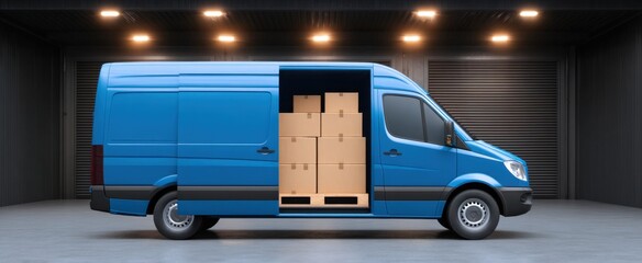 Delivery cargo van efficiently loaded with sturdy cardboard boxes at busy warehouse bay.