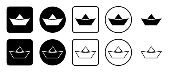 Icon set of paper boat symbol. Filled, outline, black and white icons set, flat style.  Illustration on transparent background