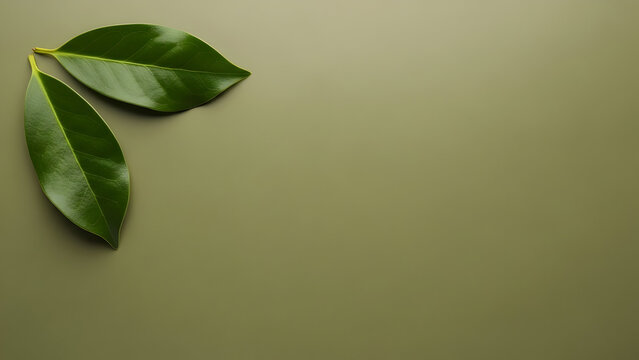 A muted olive-green background with two natural green leaves arranged on one edge, calm natural Christmas mood, big copy space.