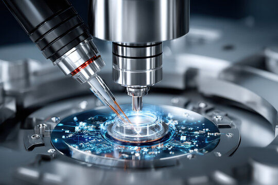 Precision robotic arms working on a microchip