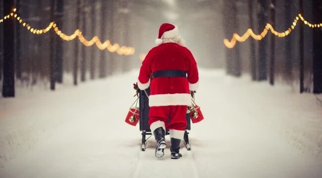 Santa walking through snowy forest with gifts - Powered by Adobe