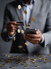 Man in suit with phone and credit card, coins falling