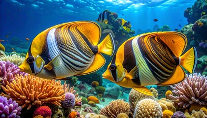 Vivid underwater scene showcasing colorful tropical fish near coral reefs, bathed in sunlight. A sense of peace
