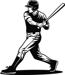 A professional baseball athlete in uniform and helmet swinging a bat, depicted in a bold black and white vector art style