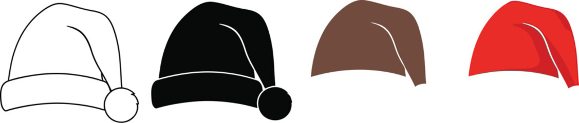 Festive Santa hats in outline, black, brown and red