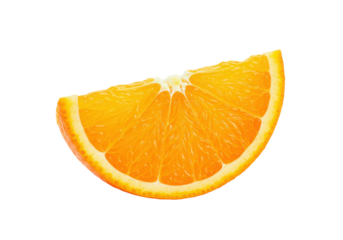 Glistening fresh orange citrus fruit wedge, vibrant pulp, segments, and pith, isolated on transparent background with copy space, high-key macro studio photo, hyperrealistic, advertising concept