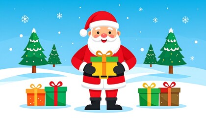 Animated jolly figure in red suit & hat holds a present in snowy scene, framed by decorated evergreens. Gifts arranged below