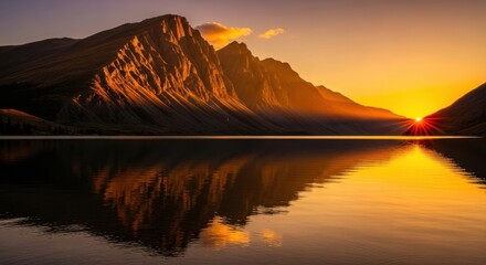 Majestic Mountains Reflected In Lake At Golden Sunset