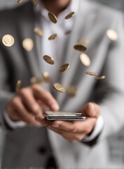 Businessman in a suit uses a smartphone as gold coins rain down around him