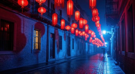 Red Lanterns Lighting a Rainy Street at Night