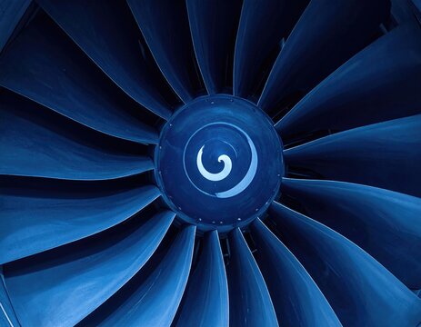 Turbine blades converge, dark blue hue, hypnotic swirl