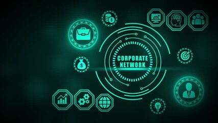 Teal corporate network interface with business icons and data visualization elements technology digital - Powered by Adobe