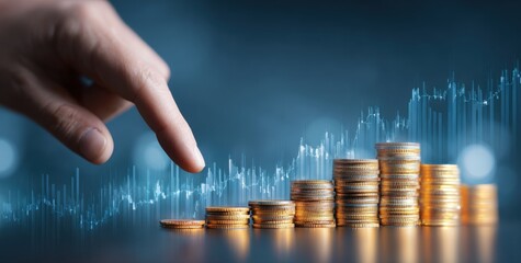 Ascending stacks of coins with a finger pointing, set against a blue chart