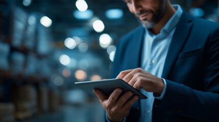 Professional using tablet with digital warehouse inventory management system faceless businessman defocused smart storage background modern logistics supply chain technology con