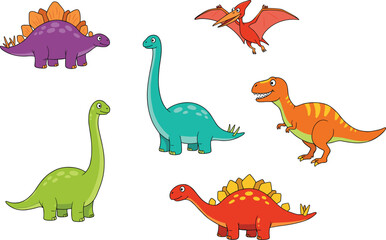 Cartoon dinosaurs set, colorful prehistoric creatures, friendly design, kids illustration, Stegosaurus, Brachiosaurus, Pterodactyl, Tyrannosaurus Rex, fun, educational, Jurassic, fantasy