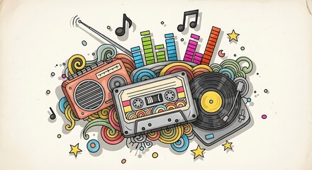 Retro music doodle, boombox, cassette, vinyl record, musical notes, equalizer, swirls. nostalgic audio entertainment, vintage.