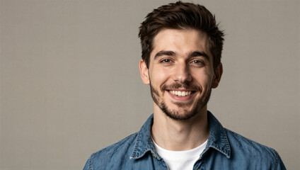 Obraz premium Professional portrait of a cheerful young man smiling confidently showcasing natural beauty, casual style, and positive emotion in a modern indoor setting