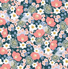 Winter Blooms Camellia, Plum Blossom, and Narcissus. Vector illustration of a seamless pattern