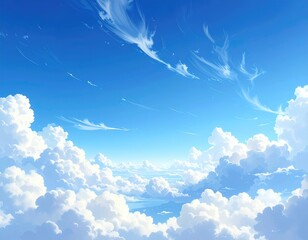 Serene bright blue sky with puffy, white cloudscape