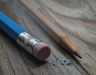 Two pencils on wood, eraser and graphite closeup