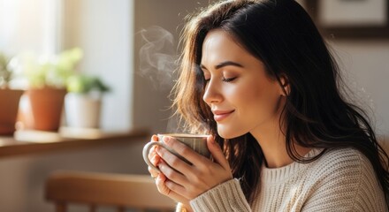 Young woman enjoying warm drink in cozy sunlight