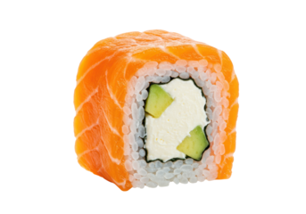 A single, perfectly rolled sushi maki with vibrant orange salmon, white rice, cream cheese, and green avocado slices, isolated on white background, appetizing Japanese cuisine concept