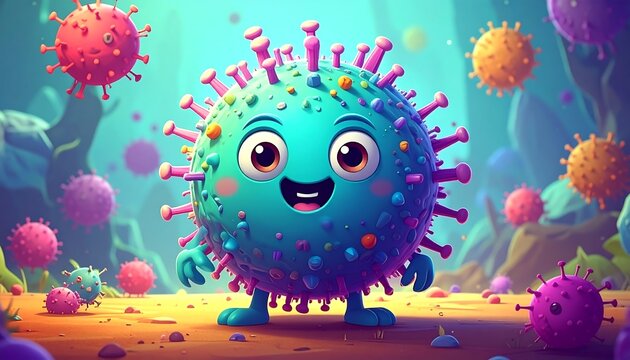 Whimsical cartoon depiction of a smiling virus surrounded by other playful, colorful microorganisms in an aquatic environment