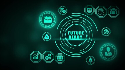 Teal digital interface with future ready text and business icons on dark background technology innovation - Powered by Adobe