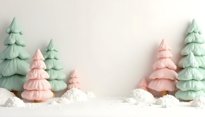 clay-style Christmas background, smooth handmade textures, cute rounded trees, snow mounds, pastel colors, child-friendly design, soft lighting, 8k.
