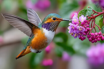Fototapeta premium Hummingbird Hovering Near Purple Flowers