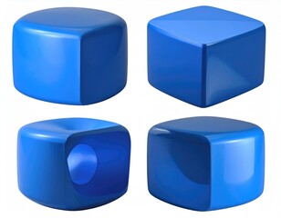 Four glossy, blue geometric shapes, three solid, one hollow