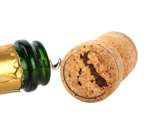 Champagne bottle opening with cork. Cork shows imprinted silhouette of New Zealand. Isolated on white background