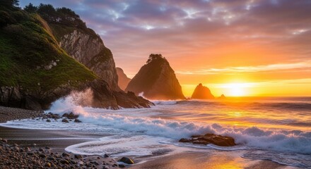 Dramatic sunset over rocky ocean coastline with crashing waves