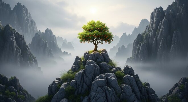 Lush Orange Tree on Rocky Mountain Peak Hazy Landscape