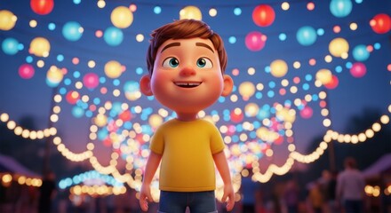 Happy cartoon boy smiling at a festive light display