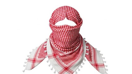 Red and white traditional Arabic desert headscarf with tassels