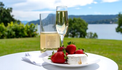 Champagne, cheese & strawberries on a white table, overlooking a scenic lake and foliage filled hillside
