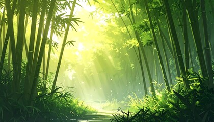 Fototapeta premium Cartoon bamboo forest scene with bright sunlight streaming through the trees