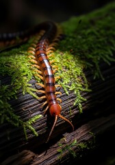 Close-up of a centipede crawling on a moss-covered log.