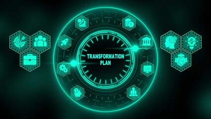 Teal Digital Transformation Plan with Business Icons and Futuristic Interface Keywords: transformation plan, business strategy, digital transformation, teal, cyan, innovation, growth, planning - Powered by Adobe
