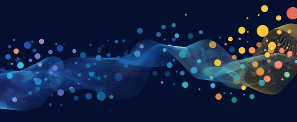 Abstract wave of luminous dots and particles on a dark blue background