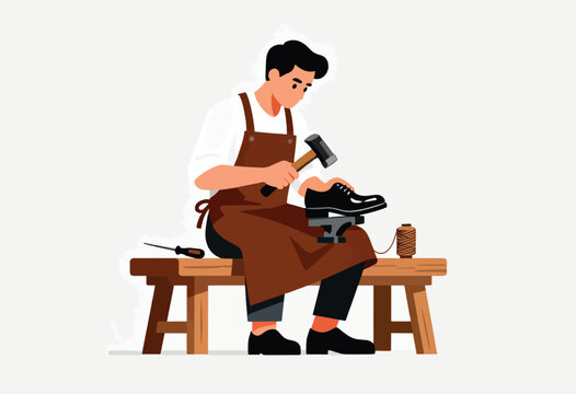 A craftsman in an apron, seated, hammering a shoe on an anvil. A spool of thread and a tool rest on a bench