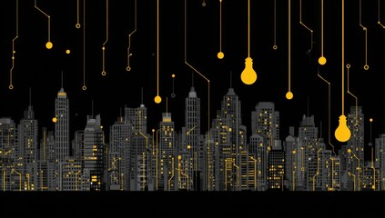 Futuristic city with glowing circuits and lightbulbs on black background