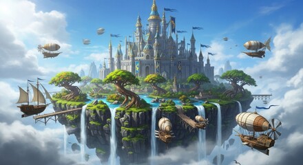 Fantasy Floating Islands Kingdom with Castle and Airships in a Dreamlike Sky