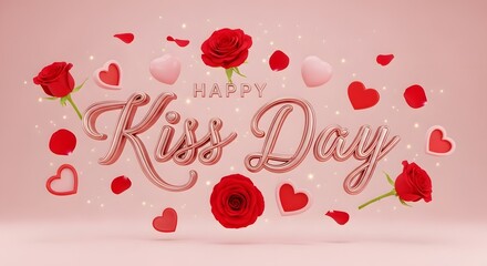 Happy kiss day celebration with roses hearts and balloons on pink