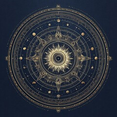 Intricate golden celestial compass rose with sun and orbiting planets on dark blue