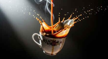 Coffee Splash Poured into Elegant Cup with Rising Steam